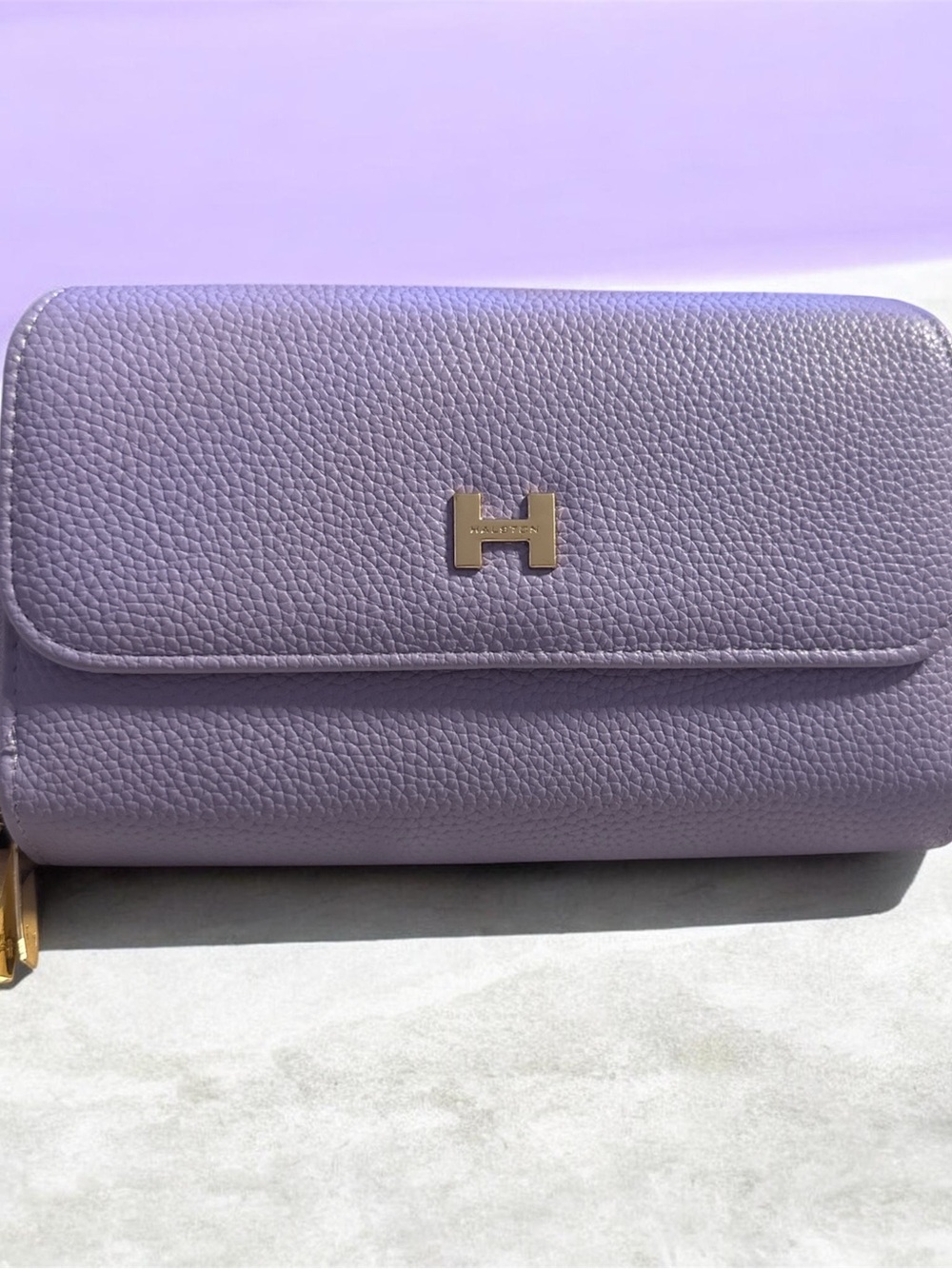 H by Halston Lavender Pebbled Leather Wallet with Gold H Logo
